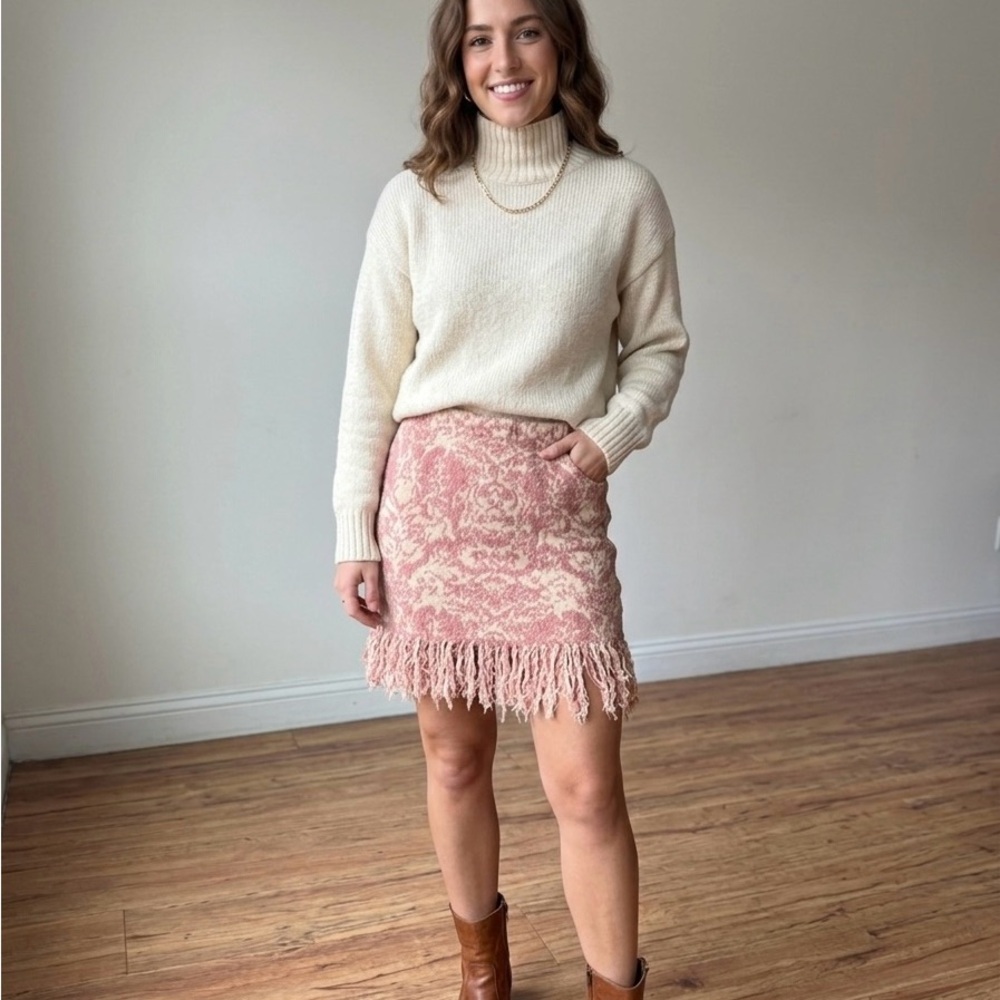 Textured Pink Fringe Mini Skirt - Women's